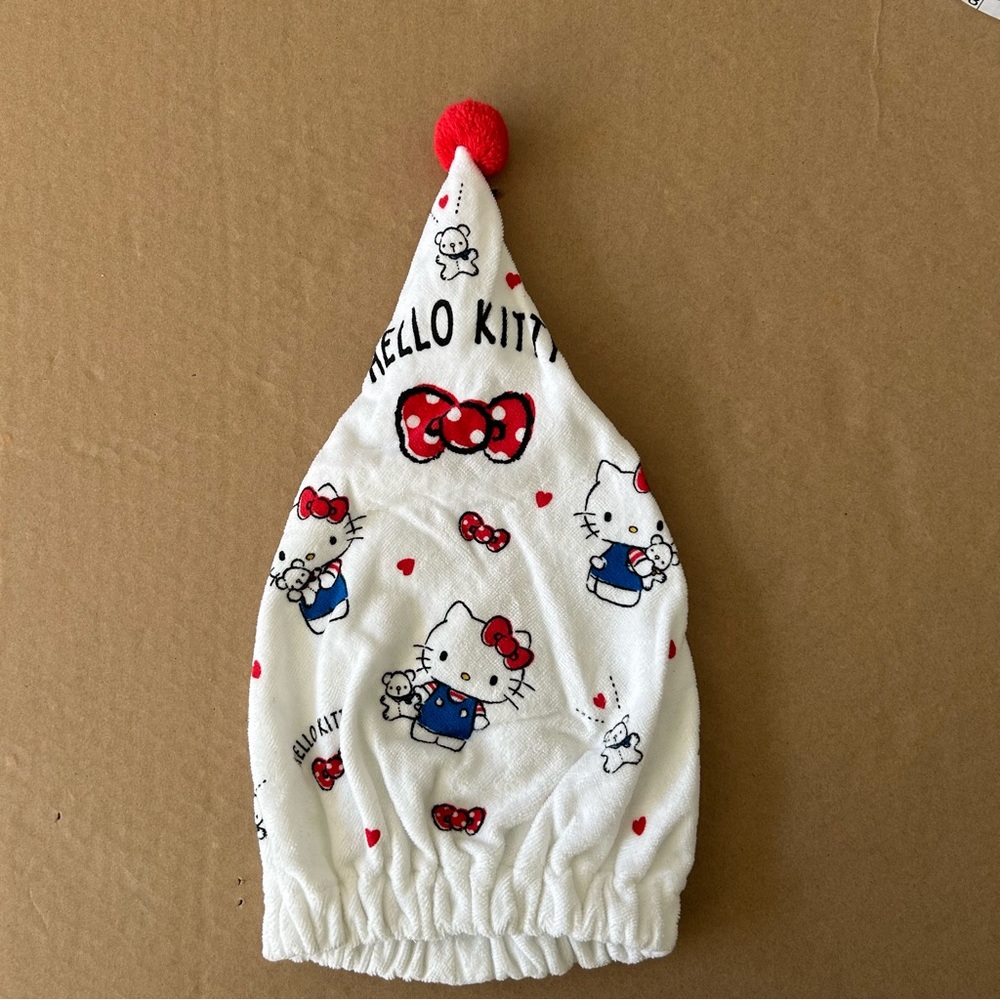 Sanrio Hello Kitty Cap Towel Bear Series Adult Size Dry Hair Towel Red Bows Pom